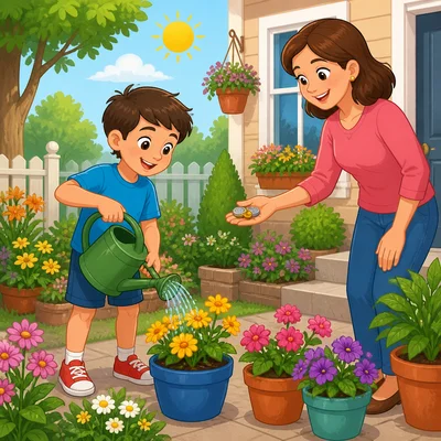A child waters plants while a neighbor offers coins.