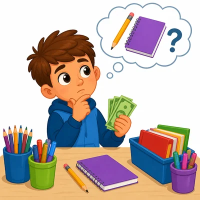 A child considers buying a pencil and notebook with money.