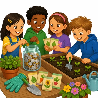 Children save money to buy seeds for a school garden.