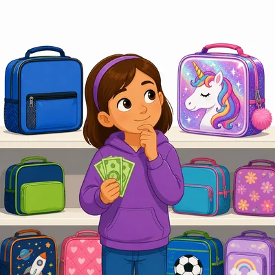 A child compares two lunchboxes before spending money.