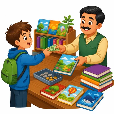 A child buys a book with money.