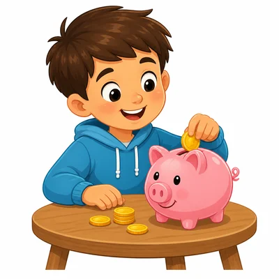 A child puts coins into a piggy bank.