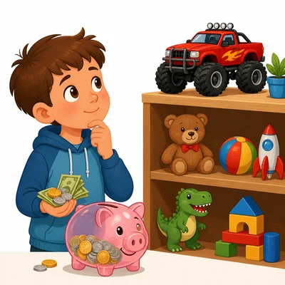 A child saves money to buy a toy.