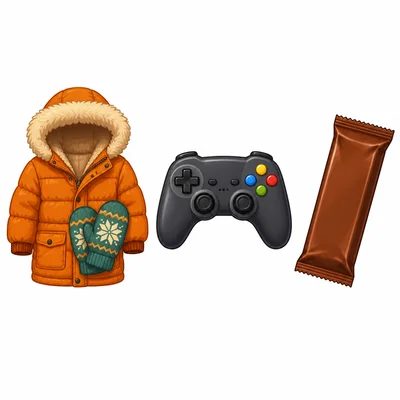 A winter coat, a video game controller, and a candy bar.