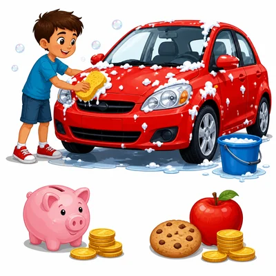 A child washes a car and divides money between saving and a snack.