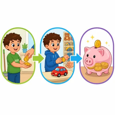 Earning money, spending money, and saving money in a piggy bank.