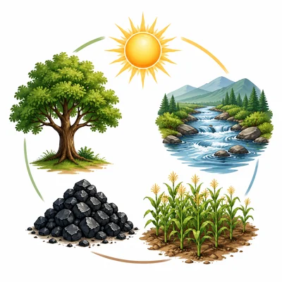 A montage of natural resources including a tree, river, coal, sun, and crops.