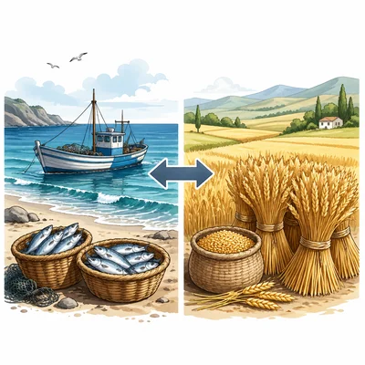 A coastal fishing region trades with an inland wheat-growing region.