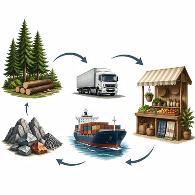 Natural resources move by transportation to markets for trade.