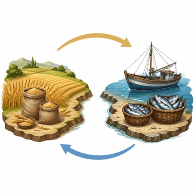 Two regions with different products trade goods using arrows.