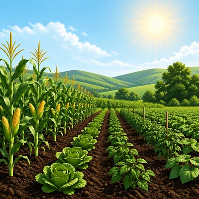 Healthy crops grow in rich soil under a warm sunny climate.