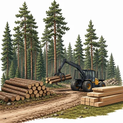 A forest region supports logging and lumber production.