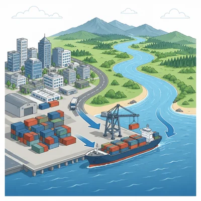 A port connects rivers, roads, and ocean shipping for trade.
