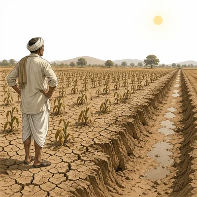 A water shortage causes crops to wilt in a dry farm field.