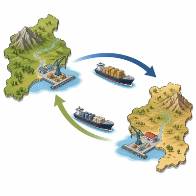 Goods move in opposite directions between two countries to show importing and exporting.