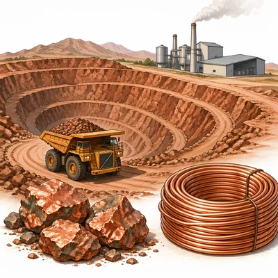 Copper ore is mined and processed into copper wire.