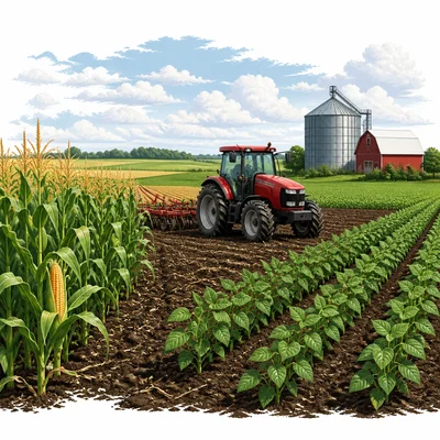 Flat farmland with crops, tractor, barn, and silo representing Midwest agriculture.