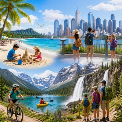 Tourists visiting a beach, city, and national park.