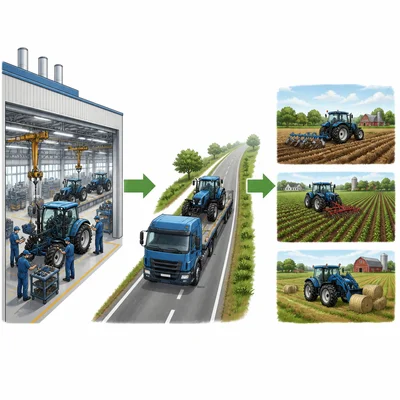 Tractors made in a factory are transported to farms in another region.