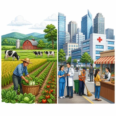 Comparison of a farming region producing goods and a city region providing services.
