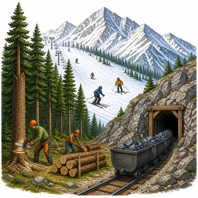 Mountains with ski resort activity, timber work, and mineral mining.