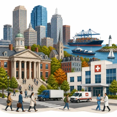 City with port, offices, university building, and hospital representing Northeast industries.