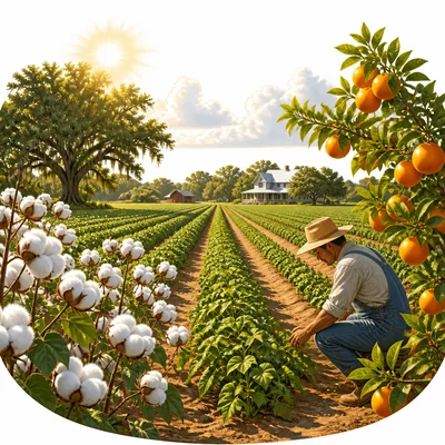 Sunny Southern farm with crops and citrus trees showing a warm growing climate.