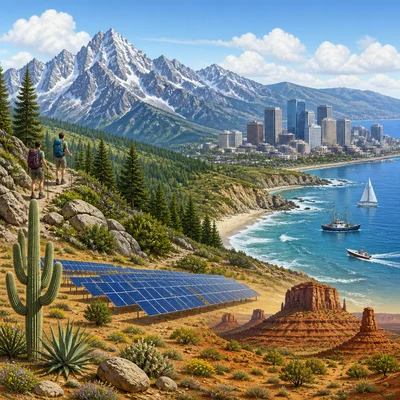 Western landscape with mountains, desert, forest, coast, city, and economic activities.