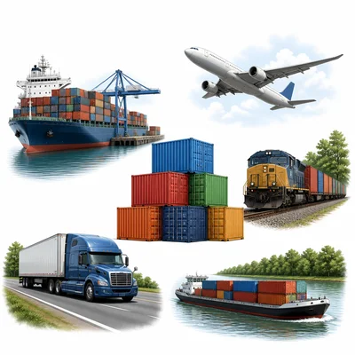 Goods moving by ship, train, truck, airplane, and river barge.