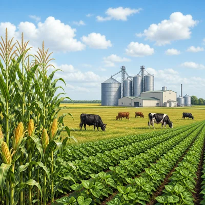 Flat farmland with corn, soybeans, cattle, and food processing buildings.