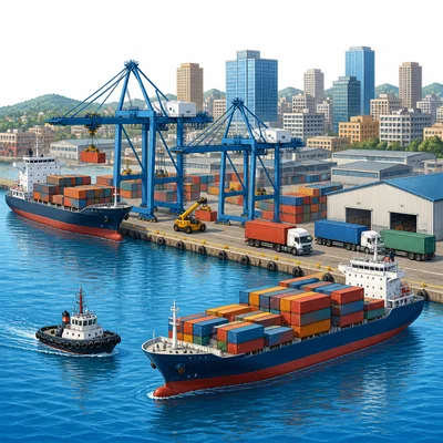 Busy coastal harbor with cargo ships, cranes, containers, and trucks.
