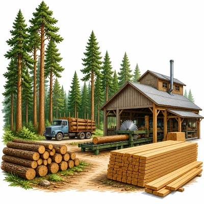 Forest, logs, sawmill, lumber boards, and log truck representing lumber industry.