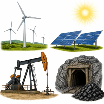 Wind turbines, solar panels, oil pumpjack, and coal mine showing energy resources.