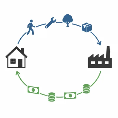Households and firms connected by circular arrows for real flows and money flows.
