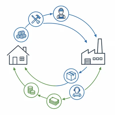 A firm receives productive resources and provides goods and services to households.