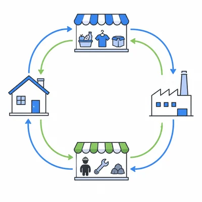 Households and firms connected through separate product and factor markets.