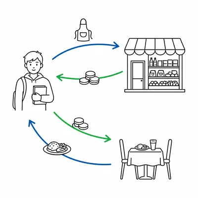 A student earns income from work at a grocery store and spends income at a restaurant.