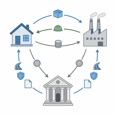 Households, firms, and government interact through taxes, payments, goods, and services.