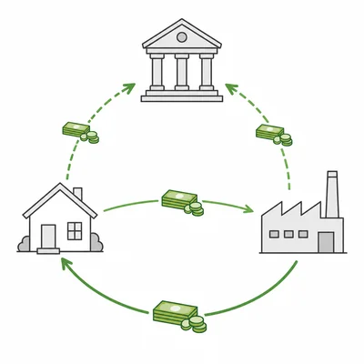 Taxes divert part of household and firm money flows to government.