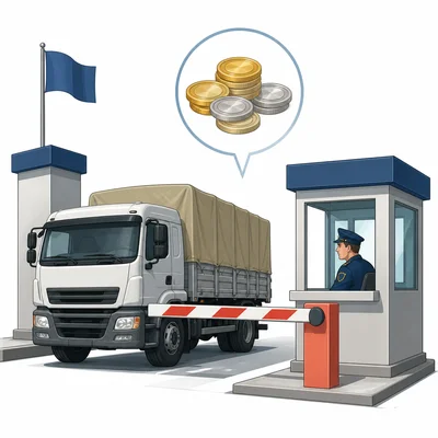 A truck with goods stops at a border checkpoint where a fee is shown with coins.