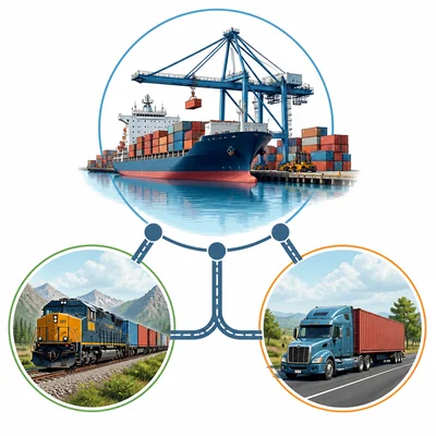 Ships, trains, and trucks connect through ports and routes to move goods.