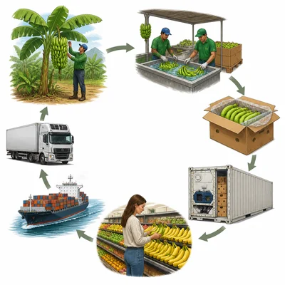 Bananas grown in a tropical country are shipped to a grocery store overseas.