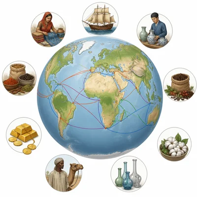 Trade routes around a globe connect people and goods in different regions.