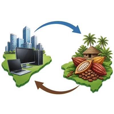 One country trades computers while another trades cocoa, with arrows showing exchange.