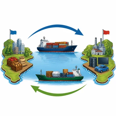Two countries exchange goods by ship with arrows in both directions.