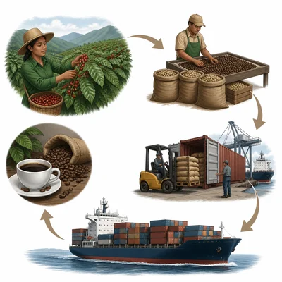 Coffee grown in one country is loaded onto a ship and sent overseas.