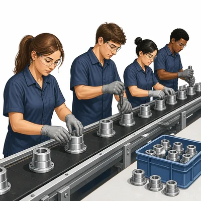 Workers focus on making the same product in a simple factory setting.