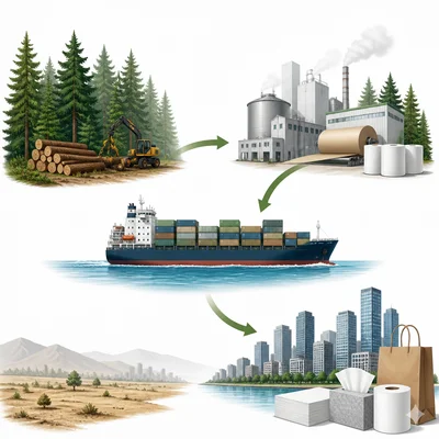 Paper products move from a forest-rich country to a country with few forests.