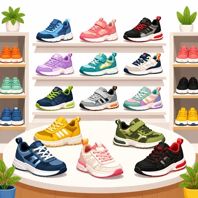 Sneakers displayed for sale in a shoe store.