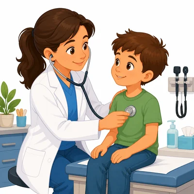 A doctor giving a child a checkup.